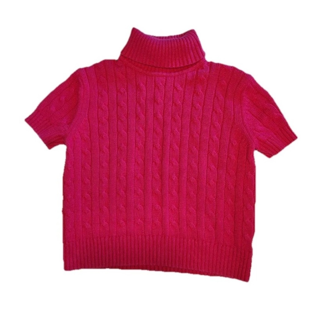 Vtg Cable Knit Turtleneck Sweater Womens L Hot Pink Crop Soft Girl Fisherman